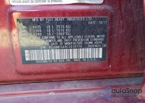 2012 Subaru Legacy 2.5I Premium z USA, uszkodzony, nr VIN 4S3BMCG69C3010179